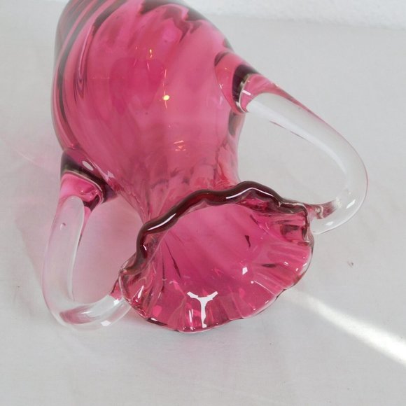 Handblown Clear Cranberry Swirled Glass Vase Ruffled Rim Double Handled 8.25" - Picture 6 of 8